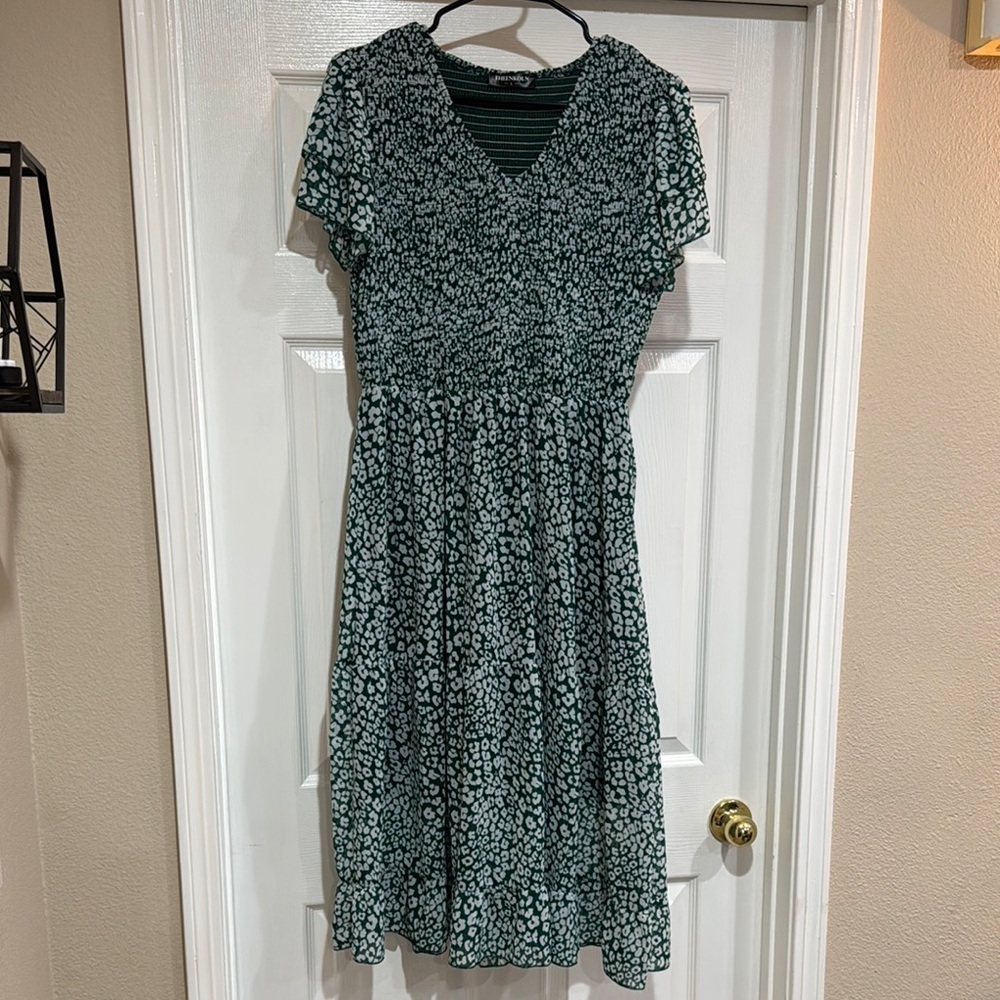 Green & White Floral Women's Dress